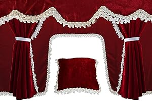 DECOART AutoCommerse Set di 5 tende mantovana in raso con nappe bianche Visiera frontale + 2 finestrini laterali + cuscino + tenda tunnel universale per camion HGV camion BORDEAUX