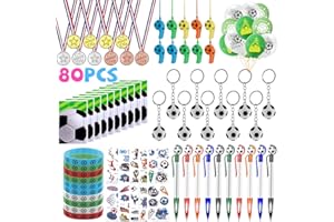 80PCS Football Pinata Anniversaire Garcon, Petits Cadeaux Deco Anniversaire Foot avec Ballon, Porte Clés, Bracelet en Silicone, Sifflets, Medailles, Tatouage, Stylo, Sacs Cadeaux de Fête de Football