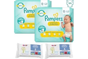 WISHESLA Newborn Nappies Bundle with Pampers Size 0 Premium Protection Premature Diapers Total of 44 Nappies and 2 x 52 Hipp Ultra Sensitive Wet Baby Wipes (Online Exclusive)
