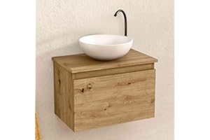 BELLOBATH - Mueble Baño Suspendido con Lavabo de Cerámica Redondo, Mueble Baño con Lavabo Montado con 1 Cajón, 49,5 x 32 x 30 cm, Mueble Roble