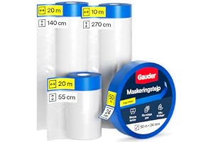 GAUDER Täckplast med tejp, målartejp (Set 55+140+270cm, 66m²) | Set med målartejp 24 mm x 50 m och 50 m självhäftande täckpla