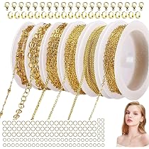 Lot Chaînes Pour Bijoux DIY – 14 M En 6 Rouleaux – Acier Doré Avec Fermoirs, Anneaux – Pour Colliers, Bracelets