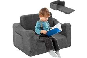 Kidirect Kindersofa Ausklappbar 2 in 1, Kinder Sofa Kinderzimmer aus Samt mit Schaumstoff, Kindercouch Kindersofa mit 8cm dicken Armlehnen, Sofa Kinder für Kuschelecke Kinderzimmer, Grauer Teddy-Stoff