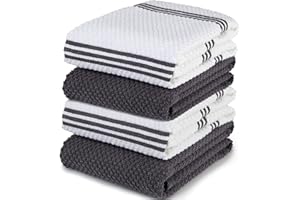Sticky Toffee 100% Cotton Terry Tea Towel - Grey Plain & Stripe Pattern, Pack of 4 | Kitchen Towel Set | Absorbent, Strong, Quick Dry & Machine Washable | Home & Bathroom Accessories