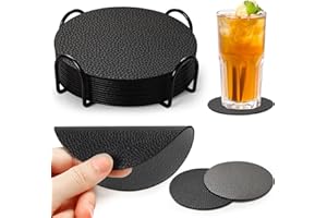 Cokaca Untersetzer Gläser, 12er Set Glasuntersetzer mit Halter Doppelseitigen Leder Kunstlede Tischuntersetzer, Lederoptik Untersetzer (Grau+Schwarz)