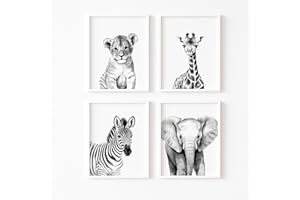 ayurvana Stampe Decorazione Cameretta Bambini in Bianco e Nero – Quadri Animali Bambini: Leone, Zebra, Elefante, Giraffa – Decorazioni da Parete per Cameretta Neonato – Stampe SENZA CORNICE (A4)