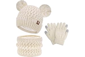 ZASFOU Bambini Cappello Invernale Sciarpa Guanti Touch Screen Set 2 3 4 5 6 7 Anni Berretto Cappelli in Maglia con Pompon Scaldacollo Guanto Regali per Ragazze Ragazzo