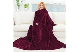 POLIGINO BataManta Mujer Polar Hombre Otoño Invierno Certificada Oeko-Tex®, Manta con Mangas y Bolsillos Frontal, Blanket de Tejido Felpa Suave y Acogedor - 170X200CM - Burdeos