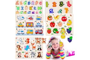 LOVICVKEM 5 Pezzi Puzzle in Legno per i Bambini, Puzzle Legno Bambini 2 3 4, Giochi Montessori Bambino, Educativo Giocattoli Regalo, Animali Frutta Forme Lettere Numeri Traffico, Regalo Natale (A)