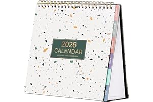 FULLVINTAGE 2026 Calendar - Desktop Calendar 2026 UK, from January to December 2026, Stand Up Desk Calendar 2026 with Memo Pages, 12 Monthly Tabs, Notes, Holidays, 20.5 x 21.7 cm - Terrazzo Design