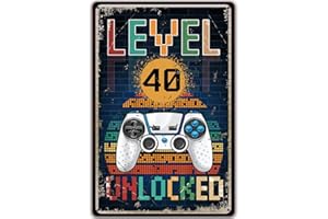 Sinekong Plaque Métal Vintage Level 40 Unlocked, Cadeau 40 Ans Anniversaire Homme, Idée de Cadeau pour Les Gamers pour la Maison Mur Art Chambre Vintage Rétro Affiche Plaque 20 x 30 cm