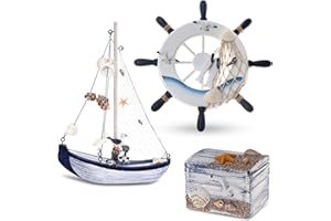 Flanacom Maritime Badezimmer Deko 3er Set - Steuer-Rad, Segel-Schiff und Schatz-Truhe aus Holz - liebevoll gestaltete Badaccessoires mit Details (Design 2-1)