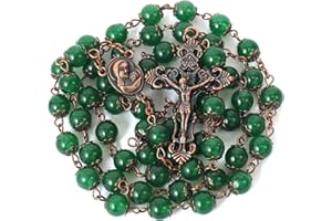 Nazareth Store Natural Stone Beads 8mm Rosary Necklace Antique Copper Design Holy Soil Medal & Cross in Velvet Bag - Catholic Rosaries Terra Santa Jerusalem Collection (Green Jade)