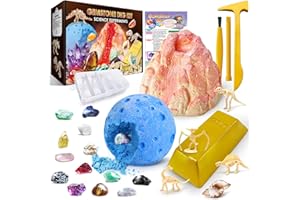 UNGLINGA Kit de creusement de pierres précieuses pour enfants avec 15 pierres précieuses et 4 dinosaures fossiles, kits de science éducative cadeaux