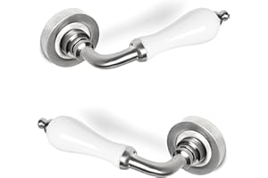 ARCO HERRAJES ARCO · Juego de manillas para puerta, acabado níquel satinado con porcelana blanca · Fabricado en España