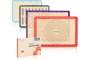 LAZYMI Lot de 4 Tapis de Cuisson en Silicone, Anti-Adhérent Feuille de Cuisson Patisserie avec Mesures, Tapis de Four pour Macaron/Biscuit/Pâte, Set de Table en Silicone, Réutilisable