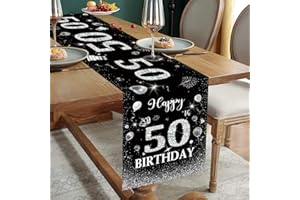 DOMGOGE 50th Birthday Table Runner Black Silver Happy 50th Birthday Table Runner for 50 Years Old Men Women Him Her Celebration 50th Birthday Party Decorations Non-Slip Dining Table Linen Cloth Decor 180x35cm