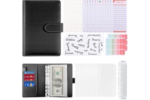 TENXSNUG Budget Binder de Cuero de 40 Pcs, Carpeta A6 de 6 Anillas con 12 Bolsillos de Sobres Económicos, 24 Hojas de Presupuesto de Gastos, 4 Etiquetas Adhesivas y 1 Regla, Negro