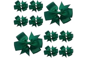 LILIUM KIDS 10pcs Dark Green Hair Bows Clips Slides Grips 3" inch Pinwheel Solid Vibrant Colour Girls Hairbows