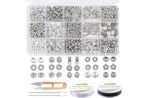 EuTengHao 605pcs Argent Spacer Perles 15 Style Bijoux Perle Charme Entretoises Kit De Perles D'espacement pour la Fabrication de Bijoux BRICOLAGE Bracelets Collier Crafting Outils Kit