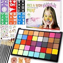 Kit Maquillage Enfant 15 Couleurs | Peinture Visage Et Corps Lavable | 40 Pochoirs + 2 Pinceaux | Idéal Halloween, Fête