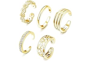 LENTQIUTT 5 Pcs Anillo de dedo del pie, anillo abierto, plata de ley 925, señoras, anillo de banda ajustable abierto, juego de joyas (oro)