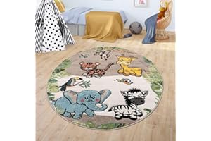TT Home Tapis pour Enfant Chambre d'enfant Jungle Animaux Girafe Lion Singe Zèbre Beige Crème, Dimension:Ø 120 cm Rond