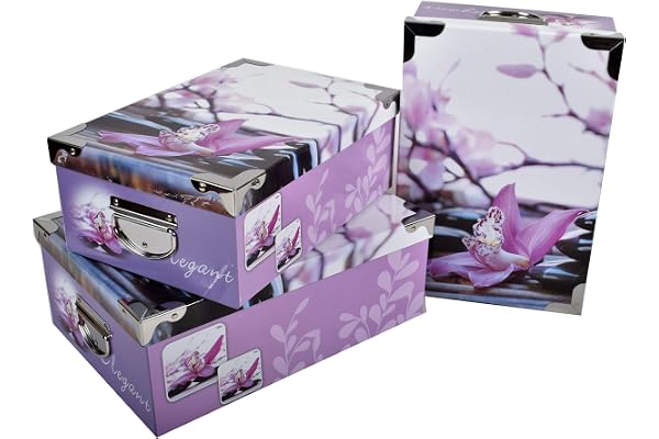 2.J. Orchidée, Lot De 3 Grandes Boîtes De Rangement Gigognes Avec Couvercle empilable en Carton Imprimé Décor Galet, avec Angles Et Poignées en Métal. T: 31.5x22x12, 33.5x23x13, 36x25x13.5 cm