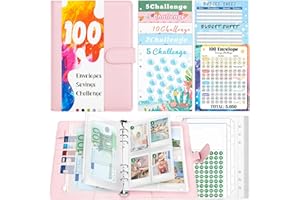 TAOPE Segregator pierścieniowy A5, wielokrotnego ładowania, 6 pierścieni, skórzany segregator na 100 kopert Saving Challenge, różowy notes z przezroczystymi kopertami i kieszeniami