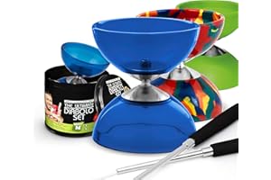 Mister M | Diábolo para Malabares con Varillas de Aluminio | Diábolo Azul Transparente con Eje Fijo | Cuerda de Repuesto | con App y Video Tutorial para Aprender el Arte de los Malabares