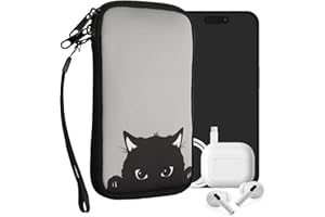 kwmobile Handytasche für Smartphones L - 6,5" - Neopren Handy Tasche Hülle Cover Case Schutzhülle - Neugierige Katze Grau Schwarz - 16,5 x 8,9 cm Innenmaße
