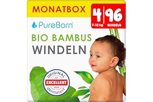 ‎PUREBORN PureBorn 96 Windeln Größe 4 (7-12 kg), Ultra-Saugfähig, Hypoallergen, Weich & Sanft für Babys (7-12 Monate), Dermatologisch Getestet, Auslaufsicher, Umweltfreundlich aus Bambus