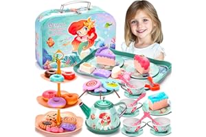 FAMKEEP 48 PCS Set da Tè per Bambini,Giocattoli Sirena di Latta Tea Party Finta di Giocare con Dessert Donut,Tea Party Finta di Giocare Sirena Compleanno Regalo per Bambina 3 4 5 6 7 Anni