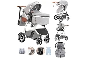 Lnhcrbs Baby Stroller 3 in 1 with Car Seat, Travel Stroller with Adjustable-Height Push Handle, Baby Pram for Babies 0-4 Years Old with Mosquito Net Mummy Bag Bottle Holder
