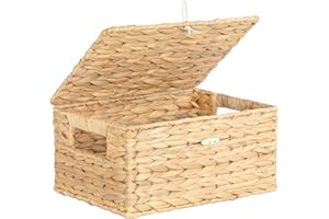 Ezvsevuo Cesta Mimbre - Cestas de Mimbre con tapas - Cestas de Almacenamiento con Asas - Caja para Baño, Cocina o Decoración del Hogar - 28,5 x 20 x 14 cm