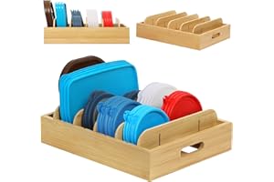 Winter Shore Organizador de Tapas de Plástico - Organizador Fregadero de Bambú para Cajones de Cocina y Almacenaje para Tapas, Recipientes de Comida - Con 5 Separadores Ajustables y Asas Talladas