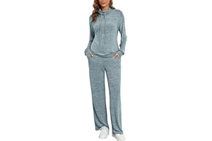 Famulily Cowl Neck Womens Tracksuit Sets Drawstring Long Sleeve Pullover Top and Elastic Waist Wide Leg Pants with Pockets
