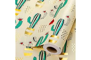 Wikadlik Rotolo di carta da regalo con cactus verde, 43 cm x 10 m, motivo piante in lamina d'oro, spessa carta da regalo per compleanni, docce, vacanze, matrimoni