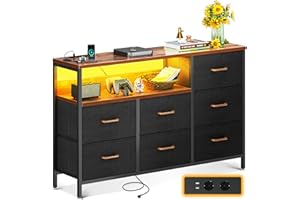 ‎COLESHOME Coleshome Kommode mit Schubladen, mit Farbwechsel-LED-Streifen und 2 USB & 2 AC Ports Steckdosen, Komodenschrank mit 7 Stoffschubladen für Schlafzimmer, Wohnzimmer, 132 * 30 * 89cm, Retro Farbe