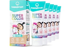 ‎HAPPYBRUSH happybrush Supercolor Zahnpasta Kinder ab 6 Jahren – 5x bunte Zahnpasta für Spaß beim Zähneputzen, mit Calcium, vegan & ohne Mikroplastik, mild und fruchtig, Erdbeergeschmack