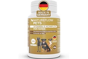 NATUREFLOW Vitamin B Komplex Hund Made in Germany - Hochdosierte B Vitamine für Hunde ab 15kg - 120 Vitamintabletten - Ergänzt um K3, Folsäure, Calcium und Biotin für Hunde