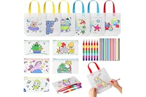 LVEFYTI 30 Stück Stoffbeutel zum Bemalen für Kinder, 6 Taschen & 6 Federmäppchen zum Bemalen mit 12 Farbe Stiften & 6 Stapelbare Wachsmalstifte für Basteln Kindergeburtstag Gastgeschenke DIY Graffiti Taschen
