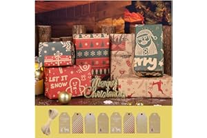 ZY-HUAN Papier d'emballage de Noël 70x50cm, Papier Cadeaux de Noel Recyclable avec Ruban et Etiquettes pour décoration de fête (Rouge et vert)
