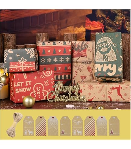 Papier Cadeau De Noël Vintage, Motifs De Noël En Vert Et Rouge, 50 Cm X 50 M, Papier Recyclé De Qualité Supérieure, 70 G/m², Papier Cadeau De Noël