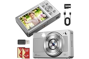 PONOSEU Digital Camara de Fotos, Compacta Camara Digital Vintage, Camera Fotografia con Tarjeta 32GB para Niños Principiantes Adulto, 2,8", 56MP, 1080P FHD, Dos Baterías (Plateado)