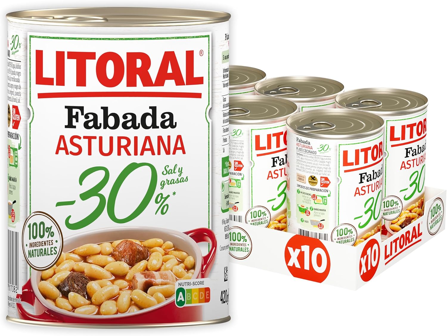 Litoral Fabada Asturiana -30% Sal y Grasa - Plato Preparado Sin Gluten - Pack de 10x420g - Total: 4.20kg