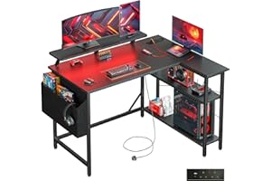DOMSHOCT L Shaped Gaming Desk with LED Lights & Power Outlets, 120*80cm Corner Computer Table with Storage Bag & Adjustable Shelves & Large Monitor Stand, Home Office Study Workstation, Carbon Black