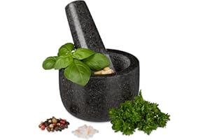 Relaxdays Mortier en granit avec pilon, robuste, pour épices, herbes, mortier en pierre polie, d. 8,5 cm, 400 ml, gris