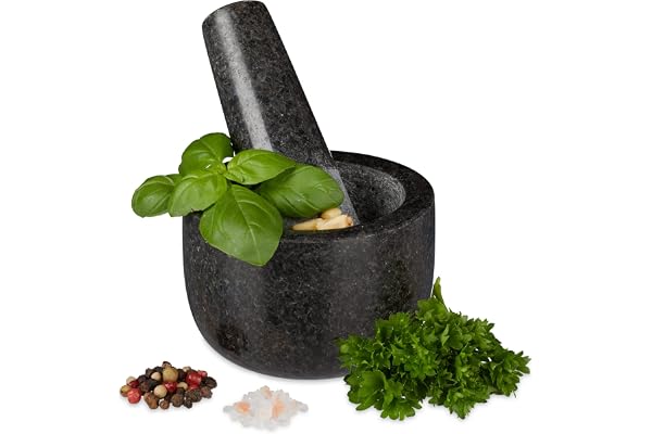 Relaxdays Mortier en granit avec pilon, robuste, pour épices, herbes, mortier en pierre polie, d. 8,5 cm, 400 ml, gris