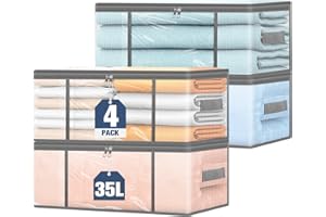 Aevcvok 4 Pezzi Scatole per Armadio 35L Trasparenti, Scatole per Vestiti Pieghevoli con Doppia Cerniera e Manici, Contenitori Vestiti Qrganizer Armadio Salvaspazio